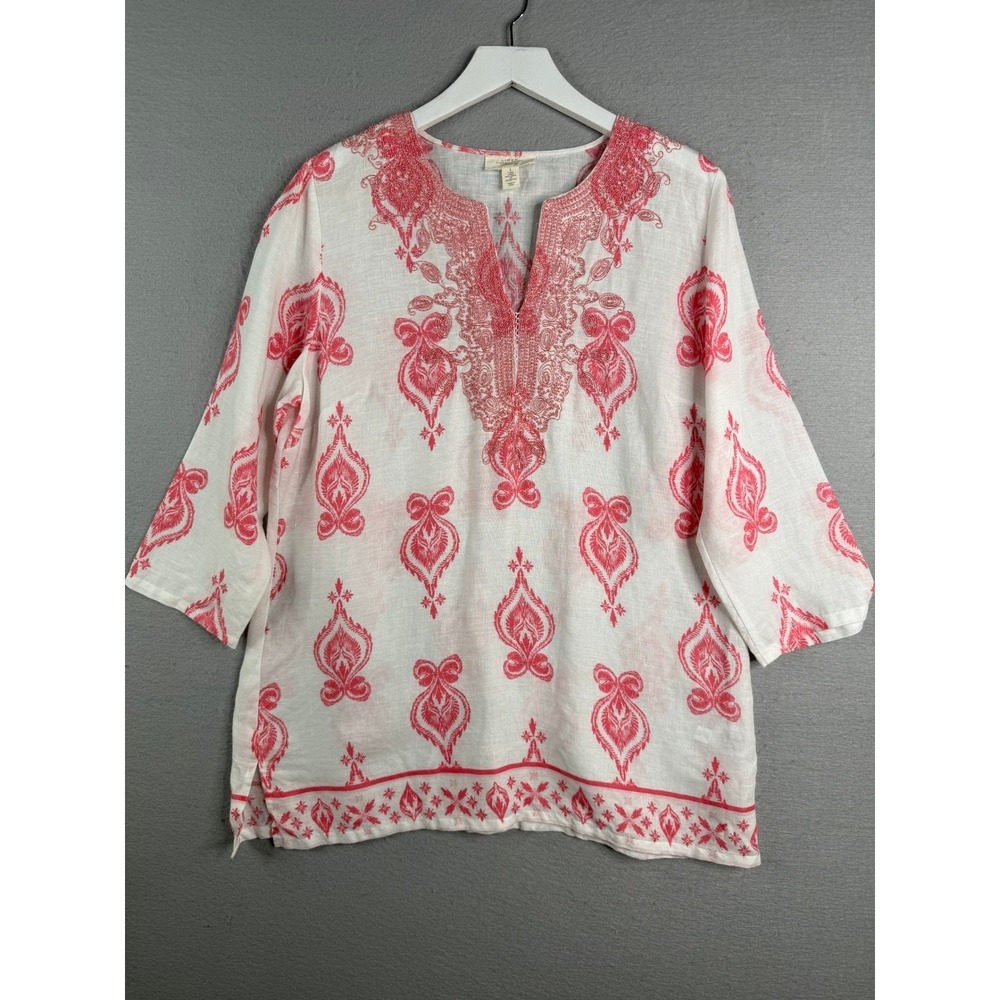 Charter Club Linen Tunic Womens Large Embroidered 3/4 Sleeve Boho Coastal Beach